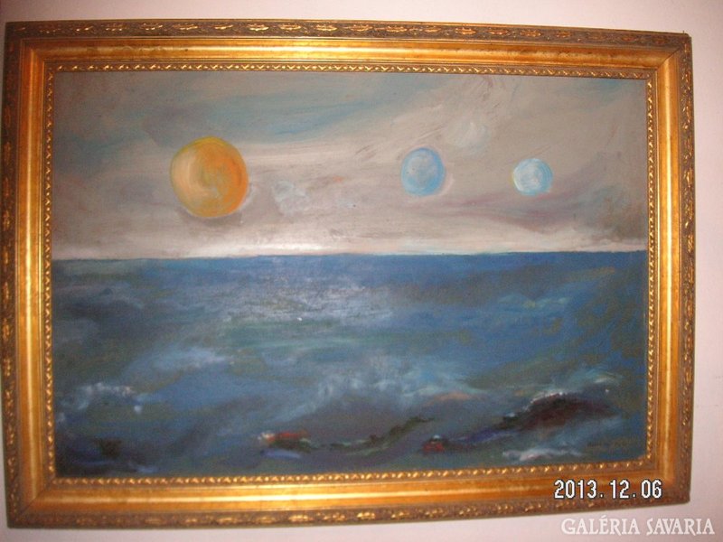 Festmény háborgó tengerrel, 106 x 75 cm , nagyon szép keretben. A szignója DAHN, 1985