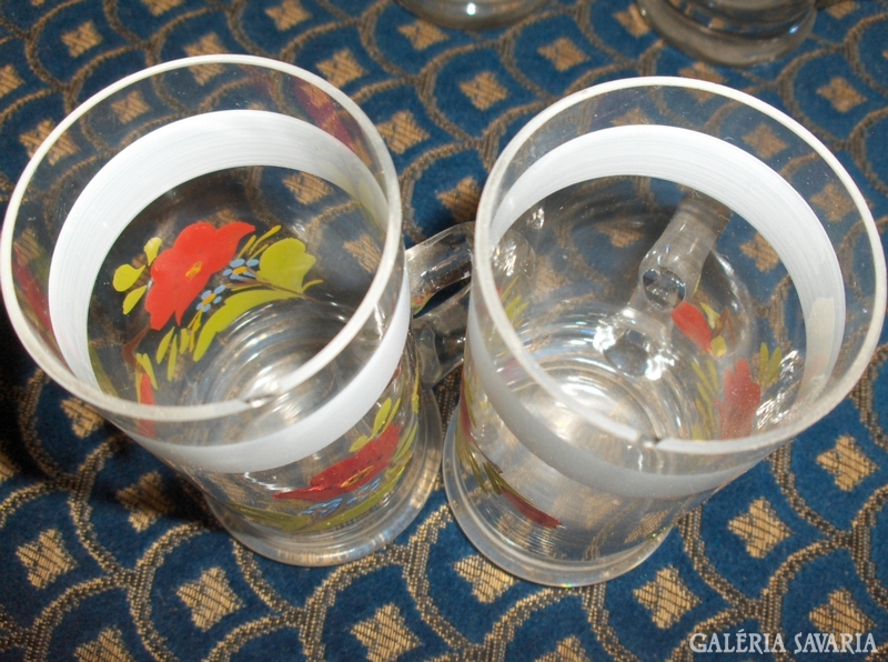 Retro, hand-painted floral glass cup - 4 + 2 pcs