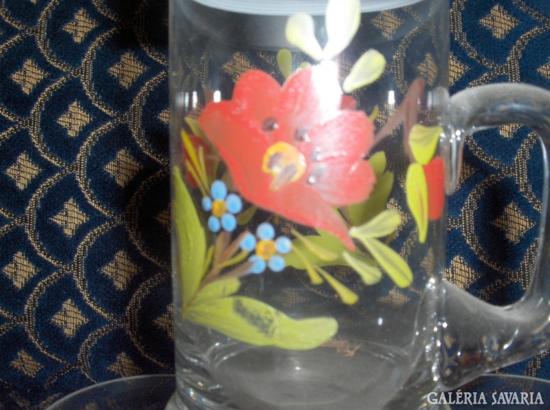 Retro, kézi festésű virágos üveg pohár - 4 + 2 db
