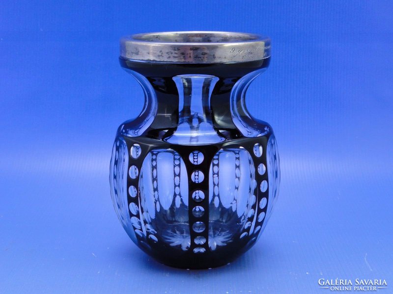 0C331 Antik ezüst peremes csiszoltüveg váza