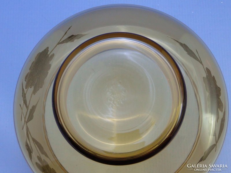 0C307 Arany díszes borostyánsárga üveg kínáló tál