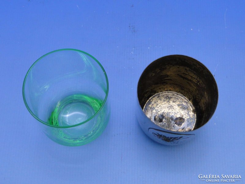 0C346 Szarvasdíszes üvegbetétes fém vadászpohár