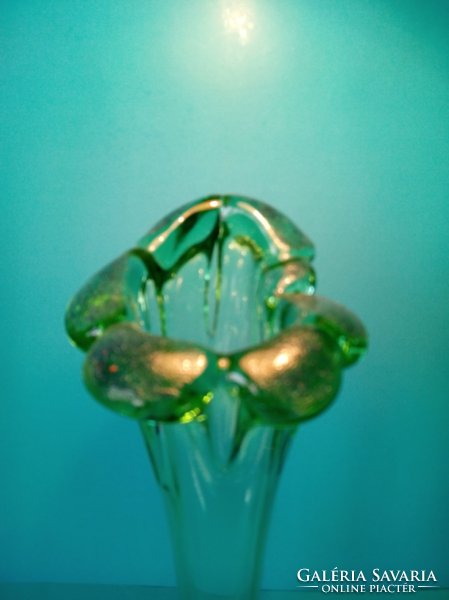 NAGY Zöld kék fémoxidos szájperemű   kristály üveg váza  30 cm vastag falú nehéz