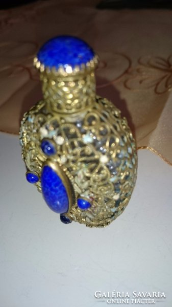 Régi parfümös üveg lapis lazuli (lazurit)  kővel díszítve