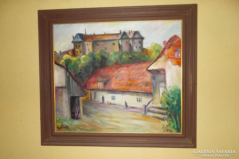 Oil painting depicting a castle, 82x73 cm