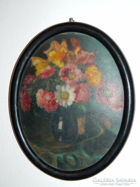 Antik jelzett ovális olaj festmény - virágcsendélet - ismeretlen alkotó