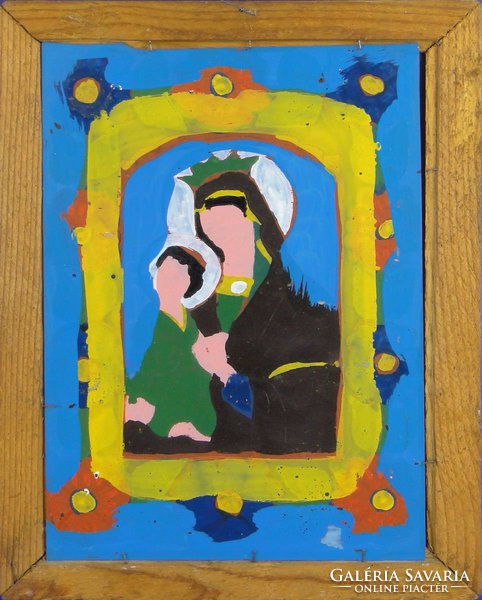 0E983 Antik erdélyi üveg ikon : Mária és kis Jézus