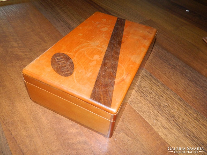 Old inlaid wooden box with inscription Imra