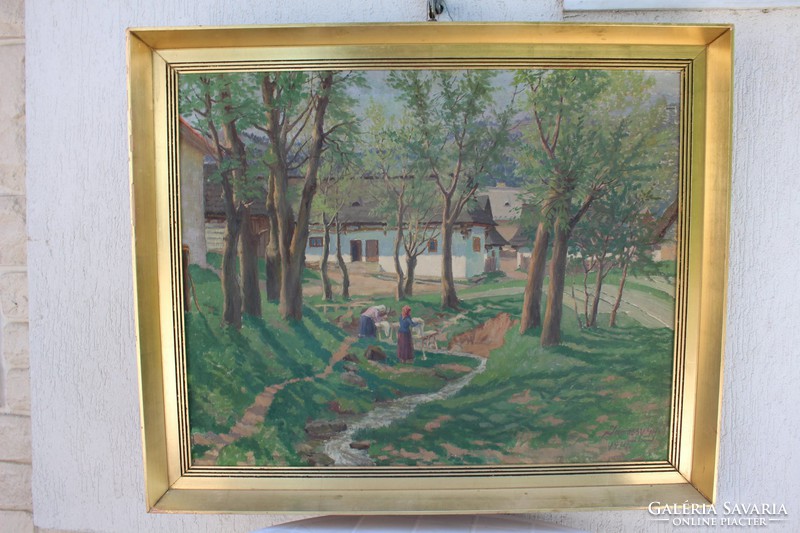 Gyula Járossy painting from 1914, village life 65 x 90, oil on canvas. Life image, folk life.