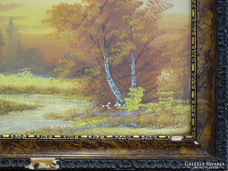 0G674 Keretezett akvarell őszi tájkép patakpart
