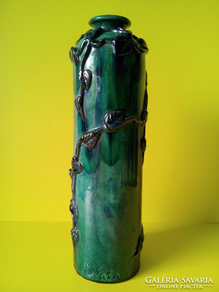 PÁPAI KATA Szecessziós jelzett eredeti majolika kerámia váza 28,5 cm
