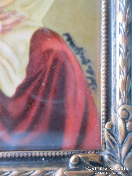 Antik réz keretben miniatűr szignós kép v fet.. 12,5x 9,5