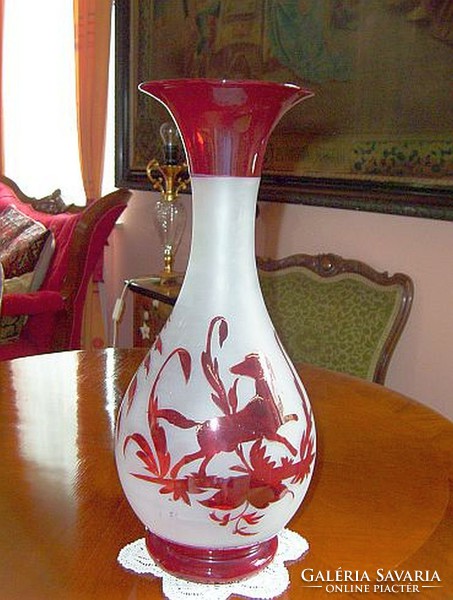 Copper ruby, acid etched, blown airy antique vase - very nice