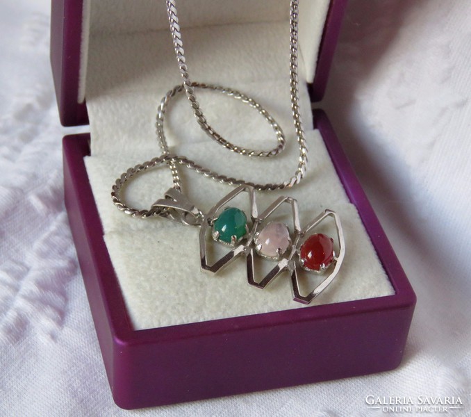 Modernist silver pendant with colored gemstones, silver chain