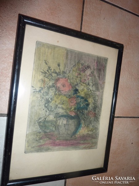 Floral still life with colored etching and marking