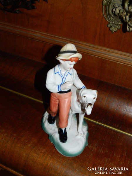 Little boy with dog - marked porcelain statue