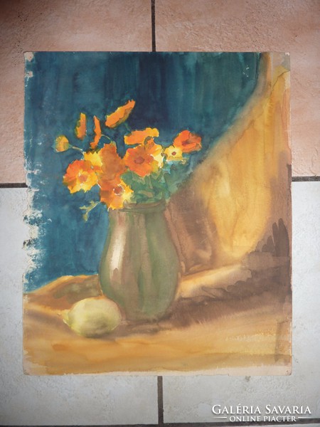 Virágcsendélet citrommal, akvarell j.n.