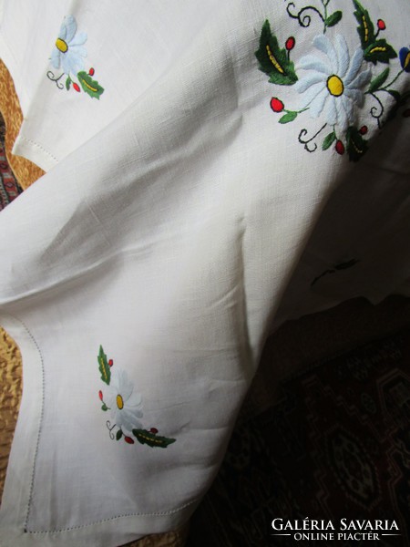 Extraordinary embroidered old linen azure tablecloth is valuable for Easter