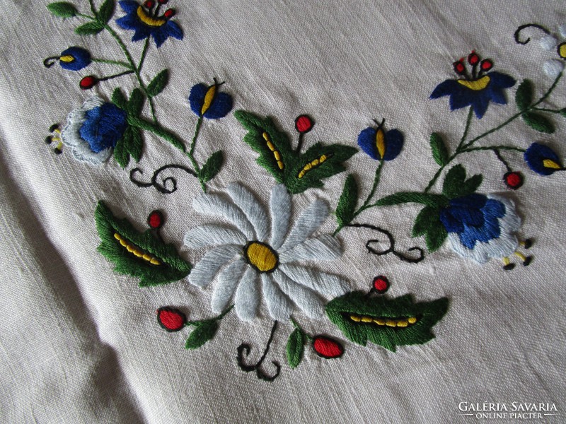 Extraordinary embroidered old linen azure tablecloth is valuable for Easter