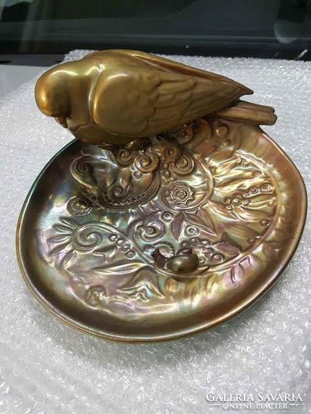 Antique zsolnay eosin pigeon 27cm bowl with snail