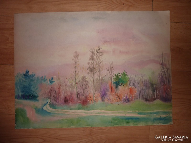 Károly Vajszada: colorful landscape, watercolor, marked, 1945