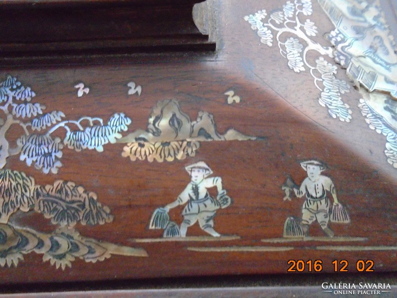Vietnamese mother-of-pearl inlay figural landscape marked rosewood jewelry box
