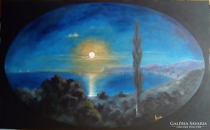 Krími part holdfényben c.festmény, tájkép