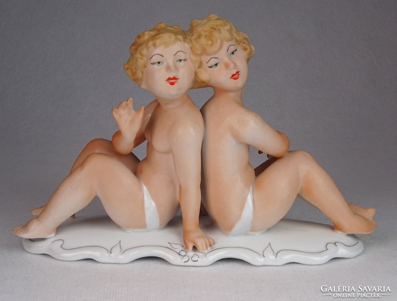 0M820 Jelzett lány iker pár porcelán szobor 20 cm