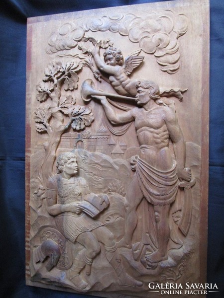 Wood carving relief mythology bible image angel putto