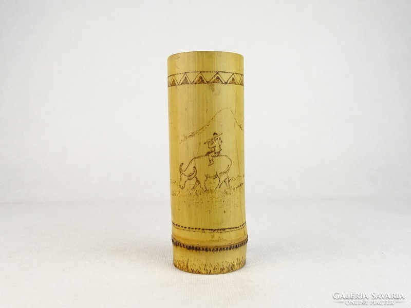 0N431 Régi tájképes bambusz váza 15 cm
