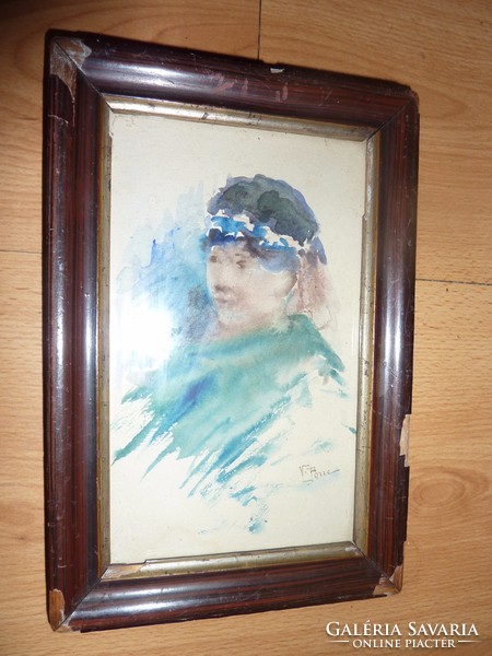 V. Porre: Tunéziai lányka, régi akvarell, jelzett