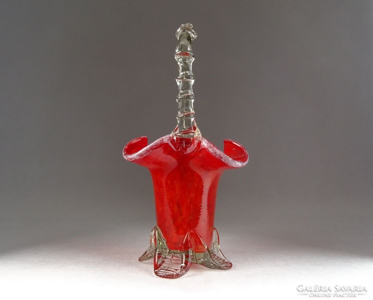 0N019 Régi muránói jellegű piros üveg kosár 22 cm