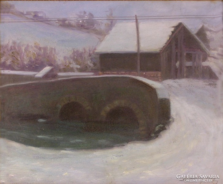 Magyar festő, 1927 : Téli utcakép híddal