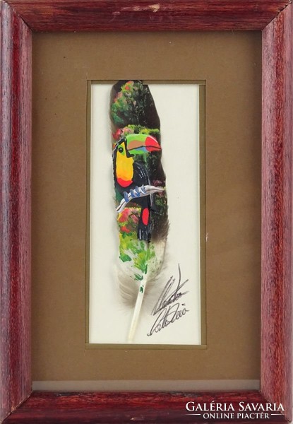 0O286 Jelzett Costa Ricai madártoll festmény