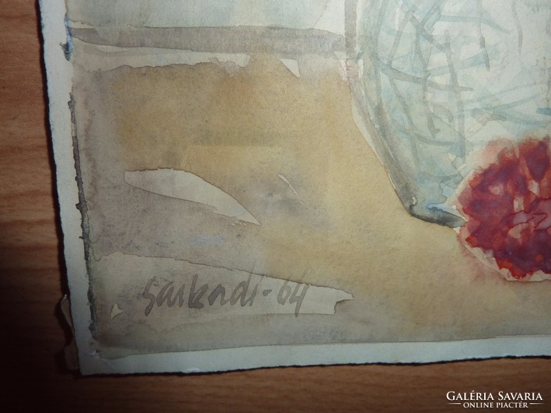 Szegfűcsokor, virágcsendélet, akvarell Sarkadi 64  jelzéssel