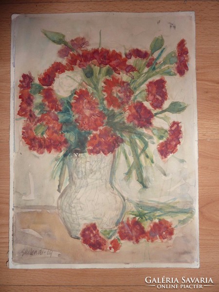 Szegfűcsokor, virágcsendélet, akvarell Sarkadi 64  jelzéssel