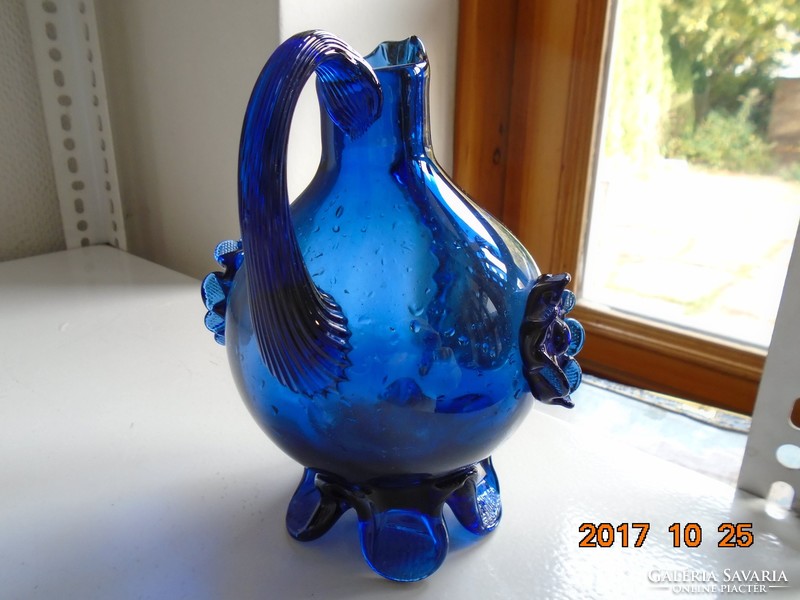 Murano indigo blue floral, footed, crested ornament jug 18 cm