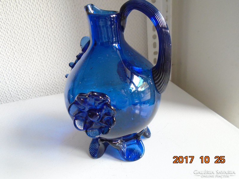 Murano indigo blue floral, footed, crested ornament jug 18 cm