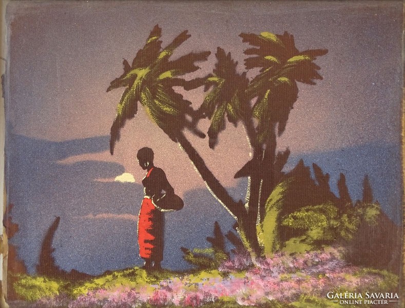 0O770 Szerecsen nő pálmafák alatt selyemkép