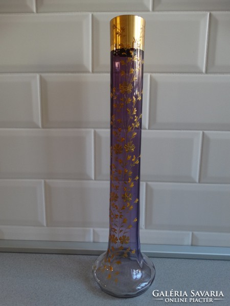 Moser glass vase with golded flower pattern and golded rim, 40 cm high