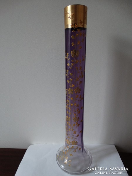 Moser váza arany virágdekorral és arany peremmel, 40 cm!