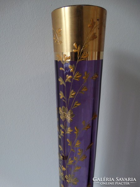 Moser váza arany virágdekorral és arany peremmel, 40 cm!