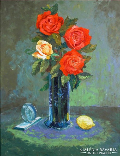Magyar festő : Rózsák az asztalon