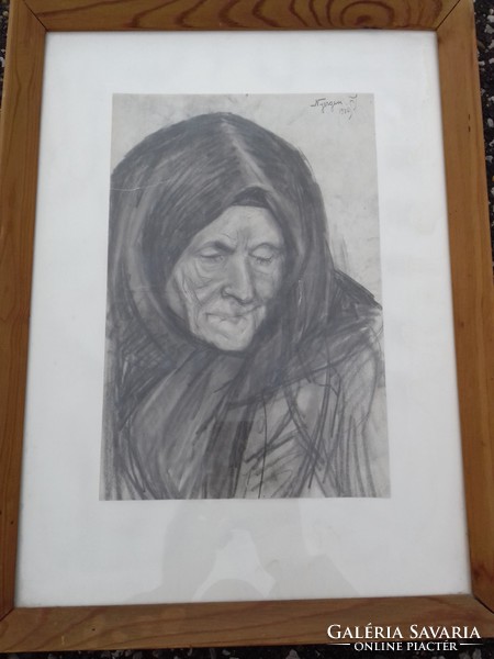 Nyergesi István nő portré szénrajz keretezett üveg mögött