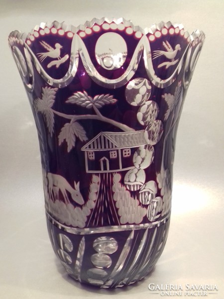 Ruby stained Eggermann Eggerman crystal glass vase, large-sized engraved polished forest scene