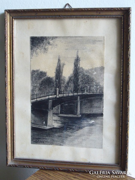 18x23cm / A.A 1933 grafika rézkarc keretezve szignózott Híd a folyón