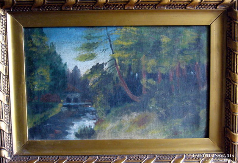 50x36 - 38x24cm / Festmény Erdei táj patakkal keretben