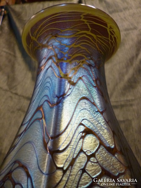 Art Nouveau, blown iridescent glass vase with a wonderful oriental design, 28 cm