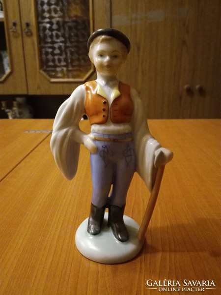 Herend boy with a stick in folk costume, porcelain figurine of a boy with a stick