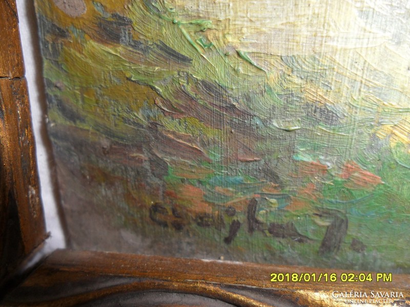 Csajka J.: olaj tájkép szép régi óarany keretben